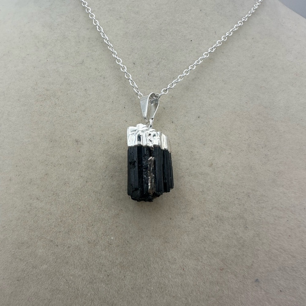 Raw Black Tourmaline and Mica Pendant on Silver Plated Box Chain